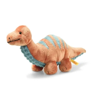 Imagen de Steiff 087837 Original Bronko Brontosaurus, Soft Cuddly Friends peluche de aprox. 28 cm, marca con botón en la oreja, amigo para bebés desde el nacimiento, naranja oscuro y azul petróleo
