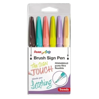 Imagen de Pentel SES15 Brush Sign Pen Rotulador con punta de fibra flexible, colores modernos, 6 unidades
