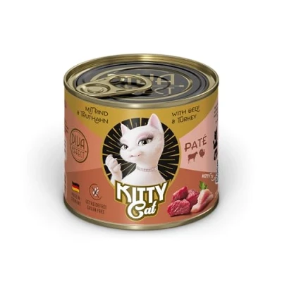 Imagen de KITTY Cat Paté Rind &amp; Pavo, 6 x 400 g, Comida húmeda para Gatos, sin Cereales, Gatos con taurina, Aceite de salmón y mejillón Labios Verdes, pienso Completo Alto Porcentaje
