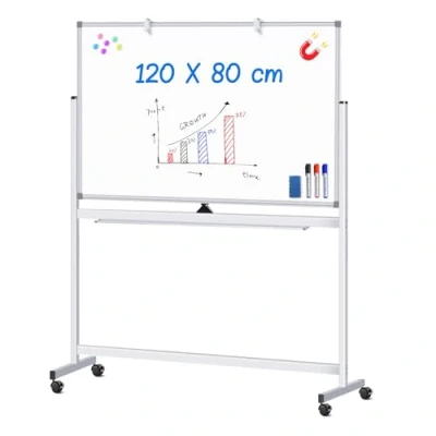 Imagen de maxtek Pizarra blanca móvil de doble cara con soporte, magnética, marco aluminio, accesorios (bolígrafos, esponjas, imanes), para aula, casa, oficina, 120 x 80 cm (blanco)