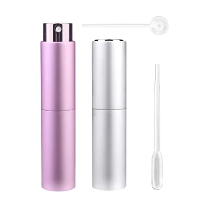 Imagen de Zingso Mini botellas de perfume recargables portátiles, 3 unidades, atomizador tamaño viaje, funda para exteriores y viajes, con embudo difusor (10 ml rosa + plateado)