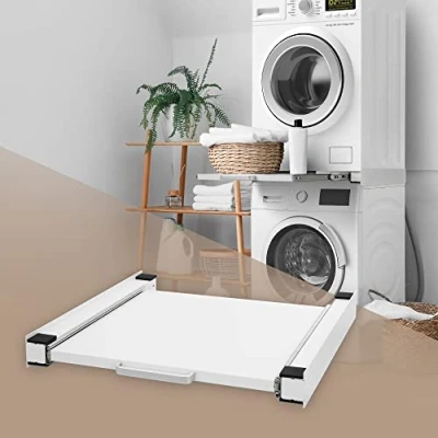 Imagen de ML Design Bastidor Intermedio con Estante Extraíble de Acero 60 x cm Blanco Soporte Conexión para Lavadora y Secadora Kit Universal Balda Extensible Asa Cesto Ropa