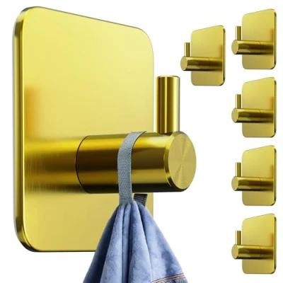 Imagen de 4smile Toallero sin taladrar, juego de 6 unidades, ganchos adhesivos acero inoxidable dorado como gancho para toallas, impermeables autoadhesivos, toalleros baño inoxidables,