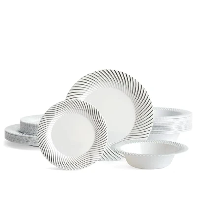 Imagen de MATANA 96 Pezzi Piatti e Ciotole in Plastica Bianca con Bordo Argento 32 Piani, Piattini, Stoviglie Elegante Riutilizzabile per Feste, Matrimoni, Compleanni, Picnic