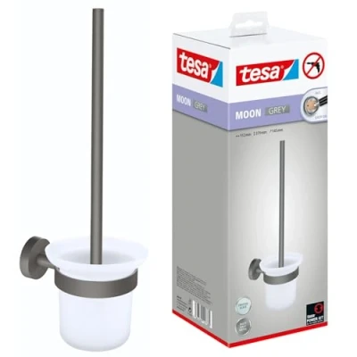 Imagen de tesa® MOON GREY Escobillero de Baño Juego y Vaso Cristal Satinado Estilo Moderno Sin Taladro 379 mm x 112 145 Gris Mate