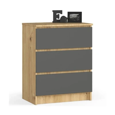 Imagen de AKORD Cómoda K60 con 3 cajones Credenza Alta Mueble Moderno para Sala de Estar, Comedor, Dormitorio, Entrada, baño Armario Infantil 60x77x40 cm 25 kg Roble Artisan &amp; Gris Grafito Frente