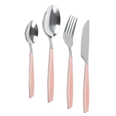 Imagen de Cofan Set de 24 Cubiertos Acero Inoxidable Mango: Blanco, Amarillo, Azul o Rosa 6 cucharas, tenedores, cuchillos, cucharas postre y 1 Cesta Organizadora (18, Rosa)