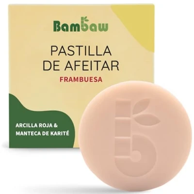 Imagen de Bambaw Jabón de afeitar mujer 80g, con manteca karité &amp; arcilla roja, natural ecológico, Pastilla exfoliante, afeitado frambuesa