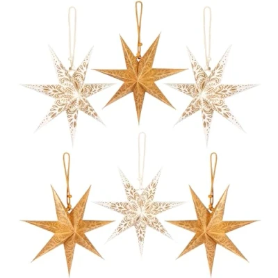 Imagen de BRUBAKER 6 Estrellas de Papel Navidad Set Decoración Adviento Árbol Grande Plegables 20 cm Dorado Blanco