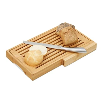 Imagen de Relaxdays Tabla Cortar Pan con Recogemigas y Cuchillo, Bambú Acero Inoxidable, Marrón, 4 x 40 24 cm