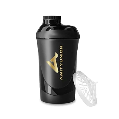 Imagen de AMITYUNION Shaker Deluxe proteína a prueba de fugas BPA libre y con la escala tamiz polvo suero cremoso sacude (oro negro 800ml)
