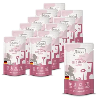 Imagen de MjAMjAM Comida húmeda Premium para Gatos Quetschie Duo de Pato tierno y jugoso Pollo sobre Zanahorias, Pack 12 (12 x 125g), sin Cereales con Extra Carne