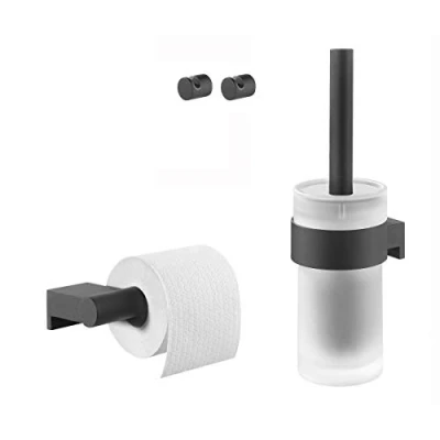 Imagen de Tiger Bold Juego de accesorios aseo Escobilla baño con soporte Portarrollos sin tapa Ganchos toalla (juego 2) Negro