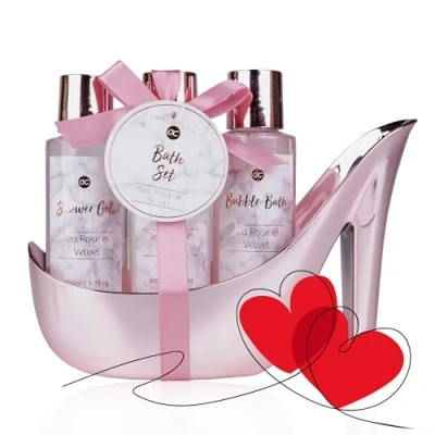 Imagen de Accentra Set de baño MÁRMOL con tacón alto cuidado 3 piezas Gel ducha, burbujas y loción corporal regalo para cumpleaños, San Valentín Navidad (rosa)