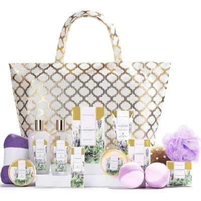 Imagen de Spa Luxetique Set de Baño y Ducha a Lavanda, Lujoso Regalo con 15 Piezas en Bolso Mano, Incluye Exfoliante Corporal, Gorro para Secar Cabello, Regalos Originales Mujer