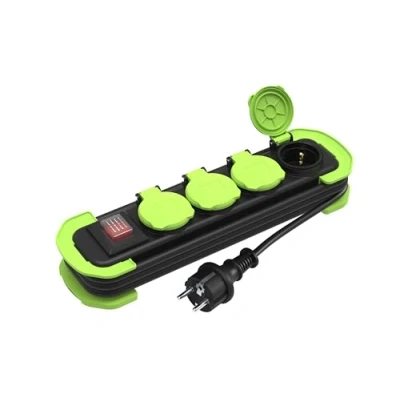 Imagen de MutecPower Regletas enchufes IP44 regleta 4 con Interruptor para Exterior, alargador Tomas Contacto de protección Tapas y Cable Enrollable 1.4m 16A/250V H05RR F3G1,5 Negro/Verde