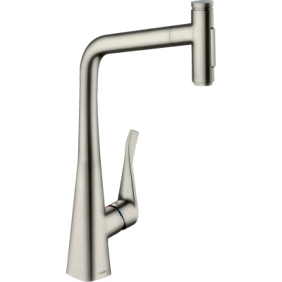 Imagen de hansgrohe Metris Select M71 Mezclador monomando de cocina 320, ducha extraíble, 2 tipos chorro, con caja del flexo (sBox), acabado acero inoxidable, 73816800