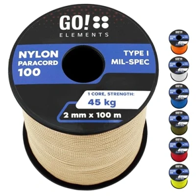 Imagen de GO!elements 100m Cuerda Paracord 2mm de Nylon A Prueba desgarros Supervivencia 100 Tipo I y con Capacidad Carga hasta 45kg, Coleur: Arena