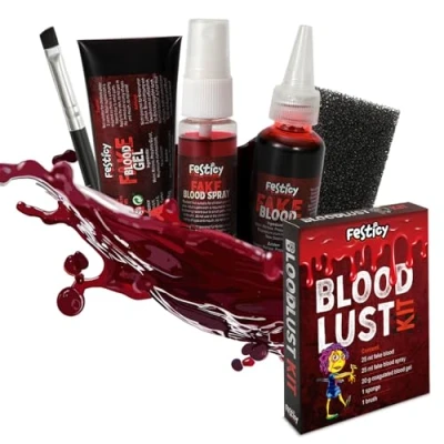 Imagen de Festicy Sangre Falsa Set de 5 Productos Halloween 2024 I Normal 25 ml, Espray Gel 20 g, Esponja y Pincel Artificial Maquillaje Disfraz