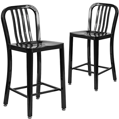 Imagen de Flash Furniture Juego de 2 sillas comerciales, 61 cm, metal, respaldo alto, interiores y exteriores, altura encimera, laminas verticales, negro