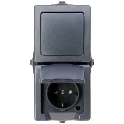 Imagen de Kopp Nautic 138515009 Combinación de 2 enchufes con Tapa abatible y protección táctil elevada e Interruptor Universal, IP44, Montaje Vertical, Color Antracita