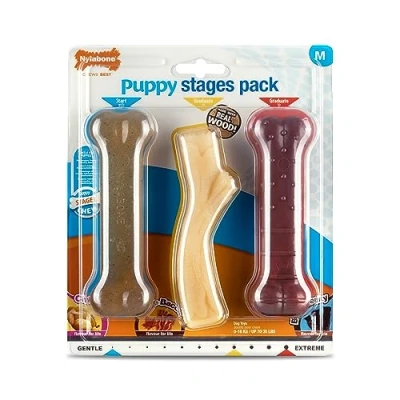 Imagen de Nylabone, Paquete Triple para etapas de Cachorros, Masticar Pollo Suave Principiantes, Palo Madera Tocino Arce Graduado, Hueso Extremo Carne Res graduada, tamaño Mediano