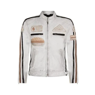 Imagen de Chaqueta para hombre de cuero blanco Biker Insignias Racing Moto S
