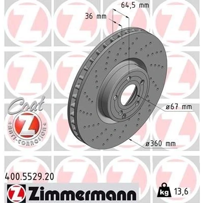 Imagen de ZIMMERMANN COAT Z 400.5529.20 Disco de freno 360 36 6/5 5 112 ventilación interna, perforado revestido MERCEDES BENZ: SL Cabrio
