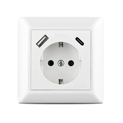 Imagen de Kaifire USB Enchufe, Schuko Enchufe de pared con y Tipo C 3.4A Toma Corriente Empotrado Marco para Smartphone Tablet MP3