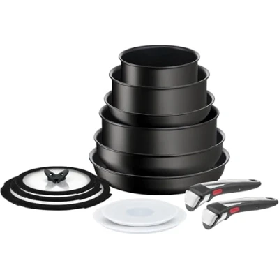 Imagen de Tefal Ingenio Unlimited On Juego de 2 sartenes + cazos guisera wok 6 accesorios Mangos extraíbles, antiadherentes, revestimiento titanio, 22/28 cm, 16/20 16 cm