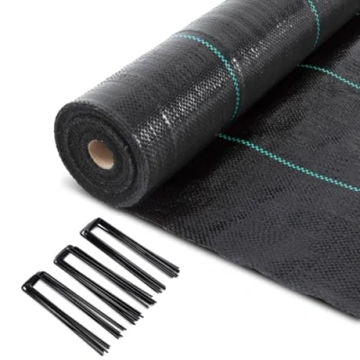 Imagen de VOUNOT Malla Antihierbas con 100 Clavijas de Jardín, Tela Geotextil para Control Maleza, 1 m x 50 m, g/m², Resistente a la Rotura y Estabilizada contra UV