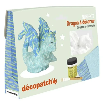 Imagen de Clairefontaine ES Décopatch KIT035C Kit completo de dragón con un animal pulpado pintado en blanco, 2 hojas, 1 pincel y bote pegamento para manualidades, manualidades
