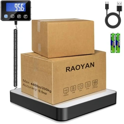 Imagen de RAOYAN Báscula para Paquetes 440lb, Bascula Digital Alta precisión 10g con Función de Retención/Tara/LCD, Balanza Postal Almacén/Express Carga USB/2 Pilas AAA
