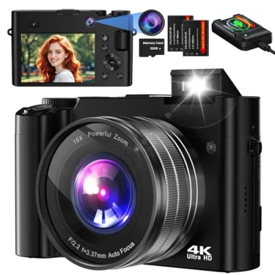Imagen de Cámara Digital,Bofypoo 64MP Autofocus de Fotos con Cámaras Dobles Delanteras y Traseras 32G Tarjeta Memoria, Camara Digital Zoom 16X para Principiantes(Negro)
