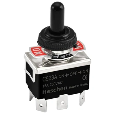 Imagen de Heschen Interruptor de palanca metal, C523A, DPDT, mantenido, encendido/apagado/encendido 3 posiciones, 15 A 250 VAC, terminal 6 pestañas, CE, con tapa impermeable (1)