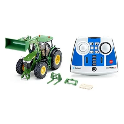 Imagen de siku 6795, Tractor John Deere 7310R con cargador frontal, Verde, Metal/Plástico, 1:32, Teledirigido, Incl. mando a distancia bluetooth y accesorios, Control posible mediante app móvil