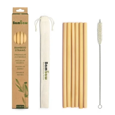 Imagen de Bambaw Pajitas de Bambú Ecológicas, Biodegradables y Reutilizables, Fabricadas a Mano en Bali, Incluye un Cepillo Limpieza una mica Bolsa Almacenaje, Pack 6 22 cm