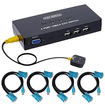 Imagen de VGA KVM Switch, USB y Conmutador para 4 PCs un Monitor de Video 1 Piezas 3 Dispositivos USB, Compartir Ratón, Teclado, Impresoras, Escáner, Incluye Cables