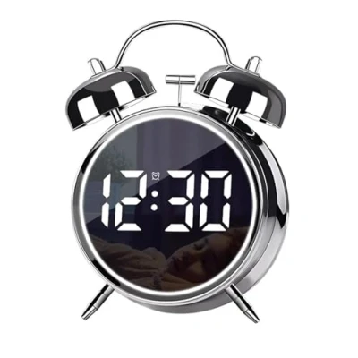 Imagen de Justup Despertador, despertador digital con gran pantalla LED, silencioso, redondo, pequeño, analógico, moderno, reloj indicador de fecha y temperatura, conexión USB (plateado)