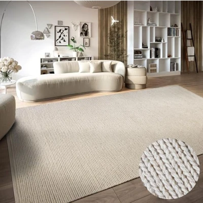 Imagen de Villeroy &amp; Boch Francois Alfombra de Lana Natural para salón, Tejida a Mano y respetuosa con el Medio Ambiente, Dormitorio, Comedor, Pasillo, Cocina, Color Blanco Natural, 60 x 90 cm