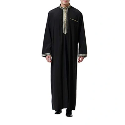 Imagen de Abaya Musulmana Camisa Vestir Hombre Ropa Islamica Abrigo Vestido Jalabiya Kaftan Maxi Larga (Negro,XXL)