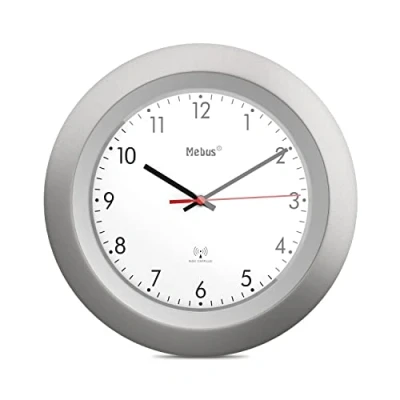 Imagen de Mebus Funk Wanduhr/klassisches Model/silberner Rahmen/weißes Zifferblatt / 29cm Durchmesser/Rund/Funkuhr (DCF77) Modell: 19448 Farbe: Silber, Weiß