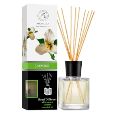 Imagen de Ambientador Hogar Jazmin 200ml con 10 Palitos de Bambú Aroma Fresco y Largo Puro Aceite Jasmine para Cuartos Hogares Oficinas Restaurantes Aromaterapia