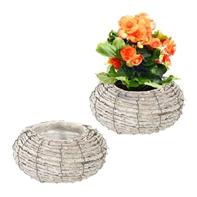 Imagen de Relaxdays Maceta, Set de 2, Ratán, Macetero con Plástico, 10x20 cm, Cestas Redondas Plantas Interior, Blanco/Natural, Hierro