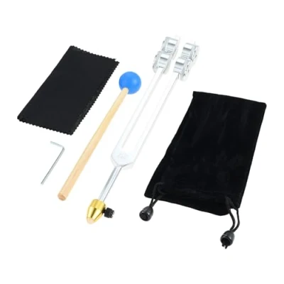 Imagen de DRELD Horquilla de afinación ponderada 64 Hz, afinador aleación aluminio con martillo silicona, extensor cristal, bolsa terciopelo, paño limpieza, llave Allen para piel, cabello,
