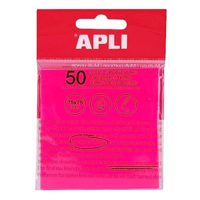 Imagen de APLI 19570 notas adhesivas transparentes 75 x mm de color rosa, Bloc 50 hojas translúcidas resistentes al agua para estudiantes, uso escolar u oficina