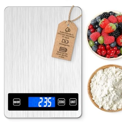Imagen de Bascula Cocina,15 KG Báscula de Cocina Digita,Peso Precisión 1g con Pantalla LCD Grande,Función Tara,Acero Inoxidable,Balanza para Hornear y Cocinar