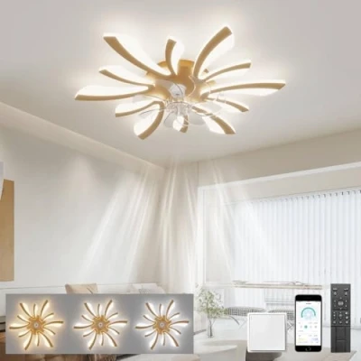 Imagen de LJX Ventiladores de Techo con Luz y Mando a Distancia Silencioso DC Lampara Dormitorio Ventilador Temporizador Regulable Reversible Led Techo, Dorado