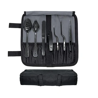Imagen de DOJA Barcelona Kit Emplatar Chef Color: Negro 7 Utensilios de Cocina Profesional Pinzas, Cuchara Perforada, Pinzas Desespinar Pescado, Art Pencil, Espatula Set Emplatado Cocinero