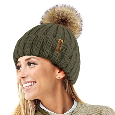 Imagen de TOSKATOK® Invierno de Las Mujeres Costilla Punto Hat/Beanie con Desmontable Piel Falsa Chunky Pom Bobble